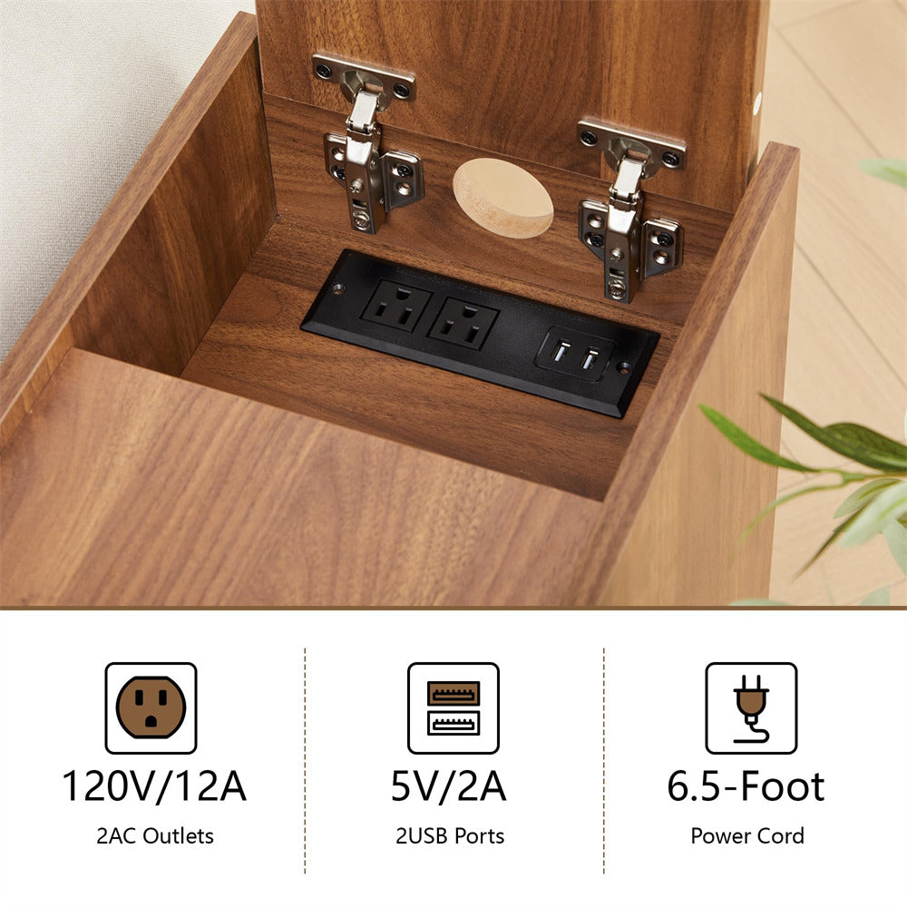 Wooden furniture with built-in electrical outlets and USB ports, featuring power cord iconography.