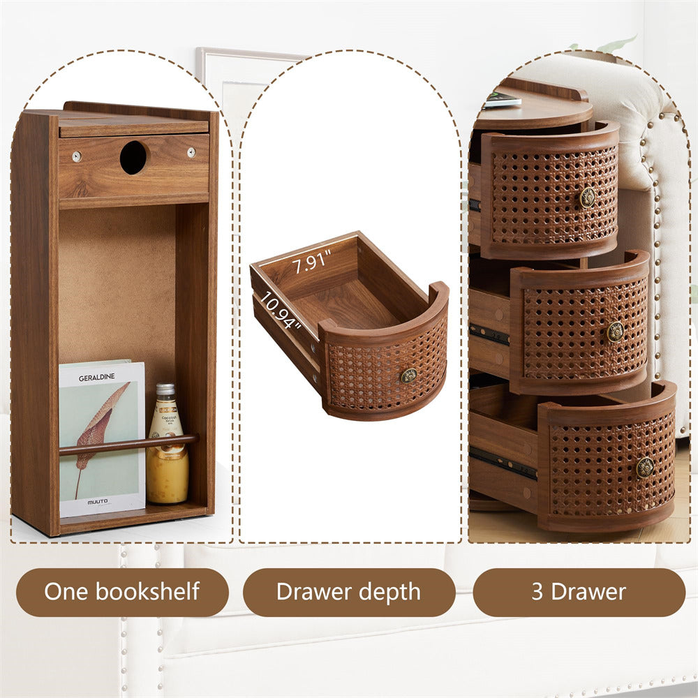 Wooden storage unit with bookshelf, drawer depth indicator, and three-layered drawer set on a white background.