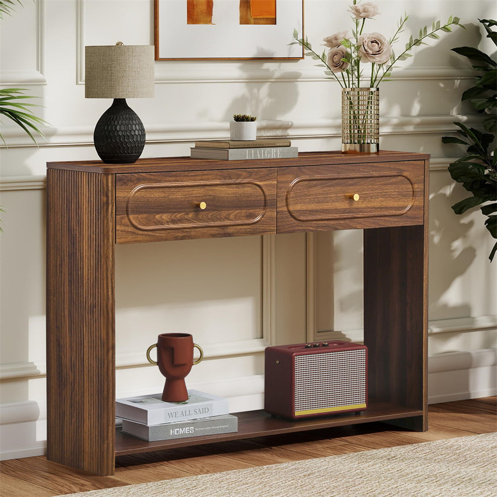 Walnut Mid-Century Hallway Fluted Console Table with Open Storage Shelves