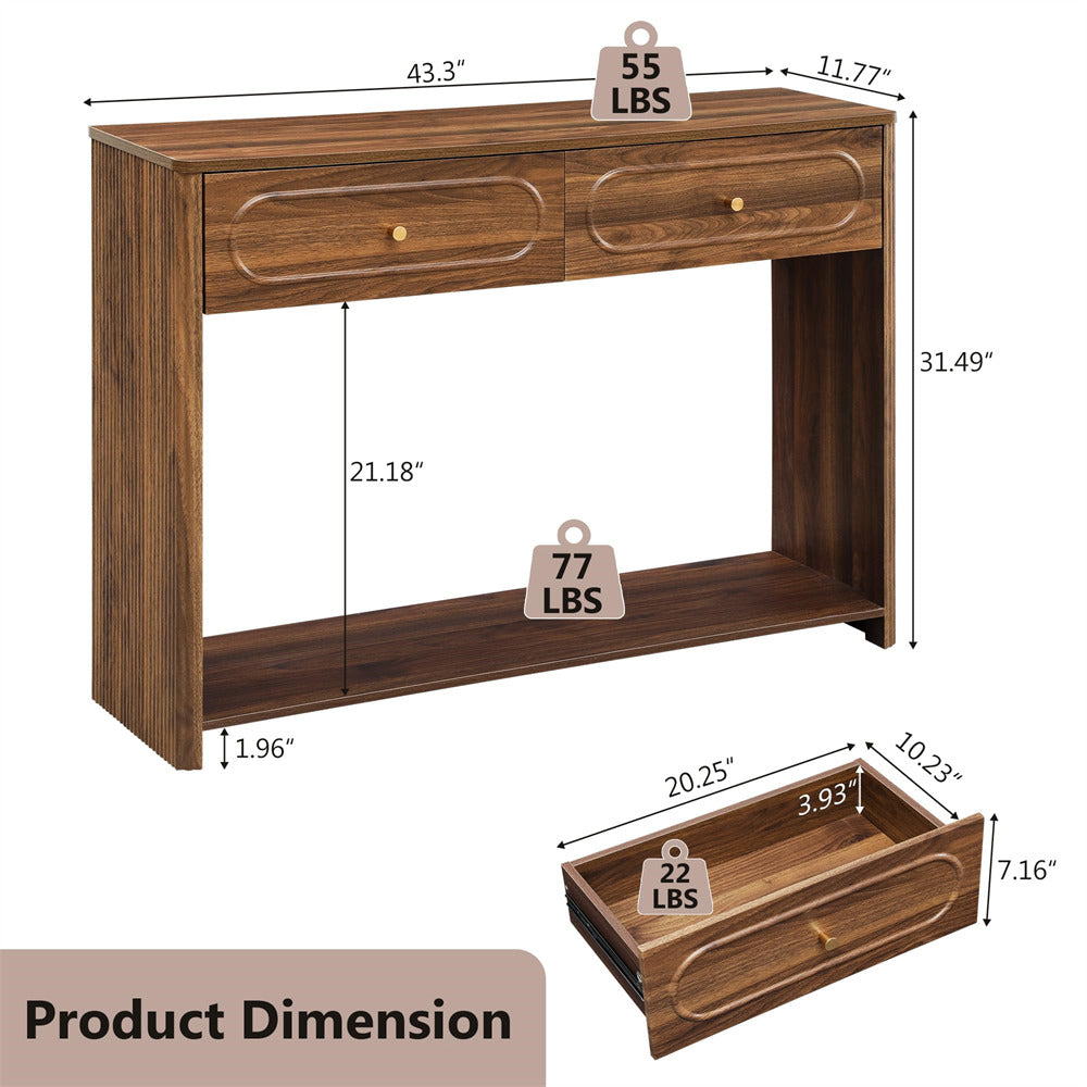 Wooden console table with dimensions and weight labels on a white background