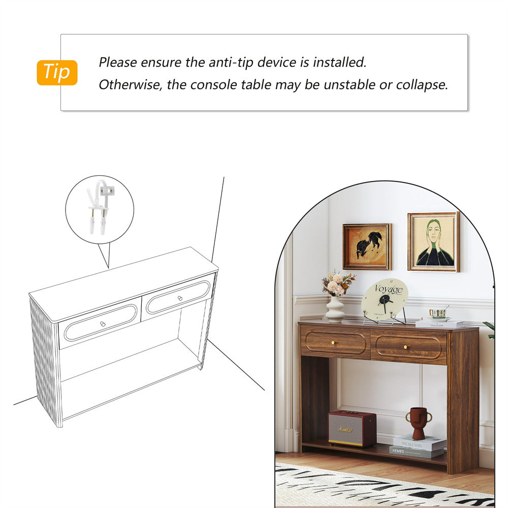 Wooden console table with decorative items and an illustration of an anti-tip device, with text advising on stability.
