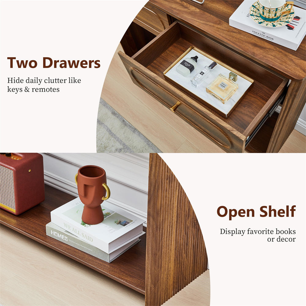 Wooden desk with open drawer and shelf, displaying books and decor items.