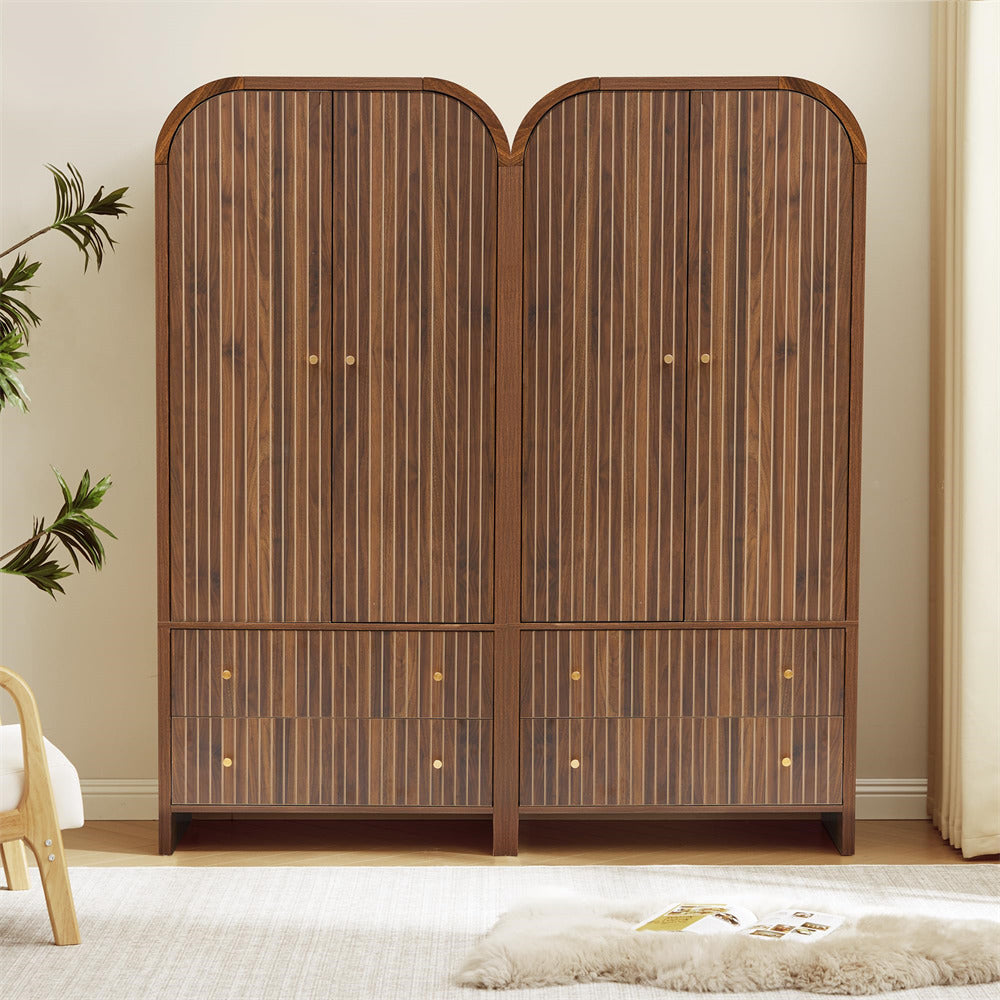 Wooden wardrobe with striped design in a room setting