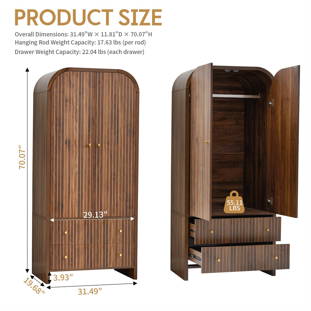 Wooden wardrobe with open doors and dimensions displayed