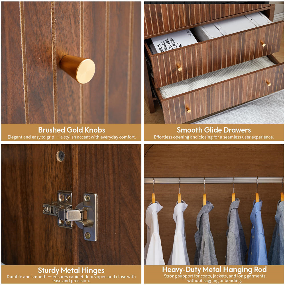 Collage of wooden wardrobe features with text labels on brushed gold knobs, smooth glide drawers, sturdy metal hinges, and heavy-duty metal hanging rod.