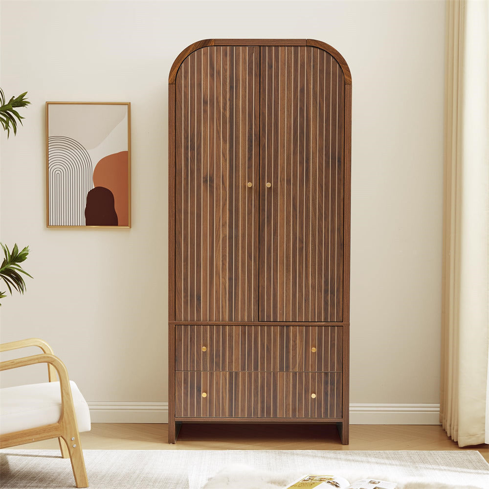 Wooden wardrobe with striped design in a room with a chair and abstract art on the wall.