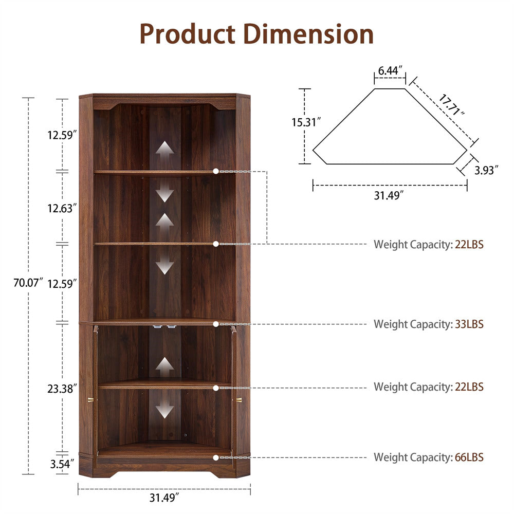 Wooden bookshelf with dimensions and weight capacity details on a white background