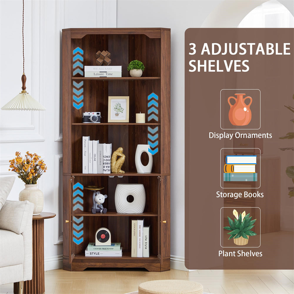 Wooden bookshelf with adjustable shelves in a room setting