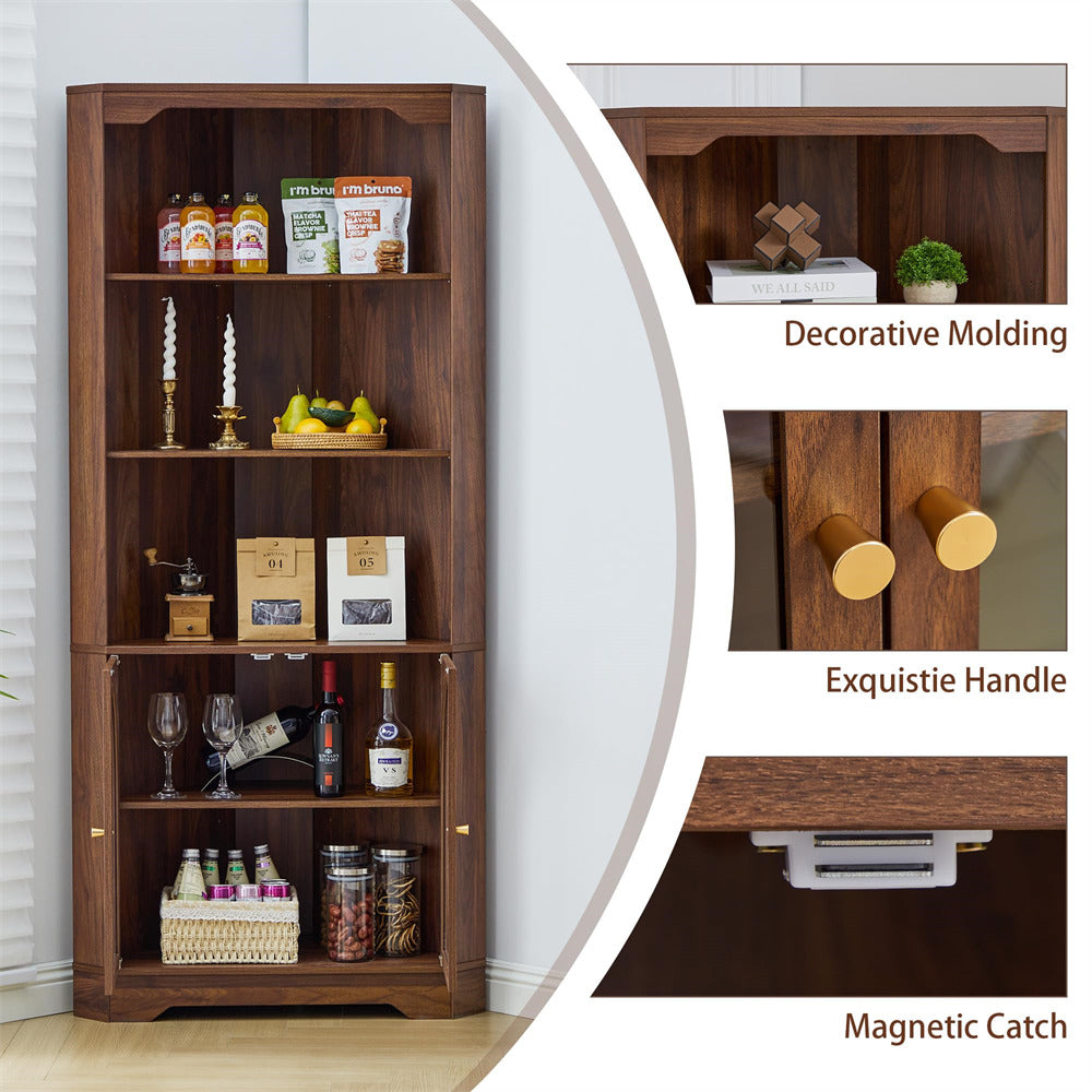 Wooden bookshelf with decorative items and close-up details on molding, handle, and magnetic catch.