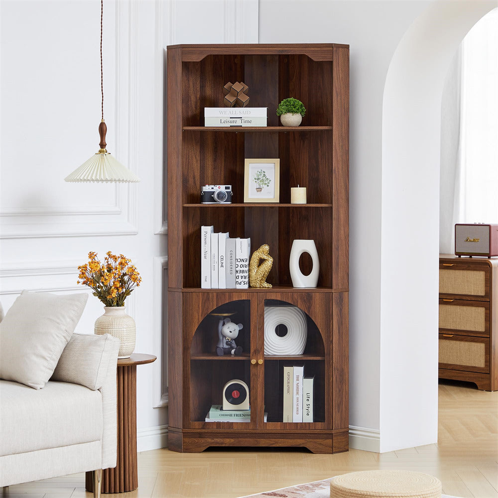 Wooden bookshelf with decorative items in a living room setting
