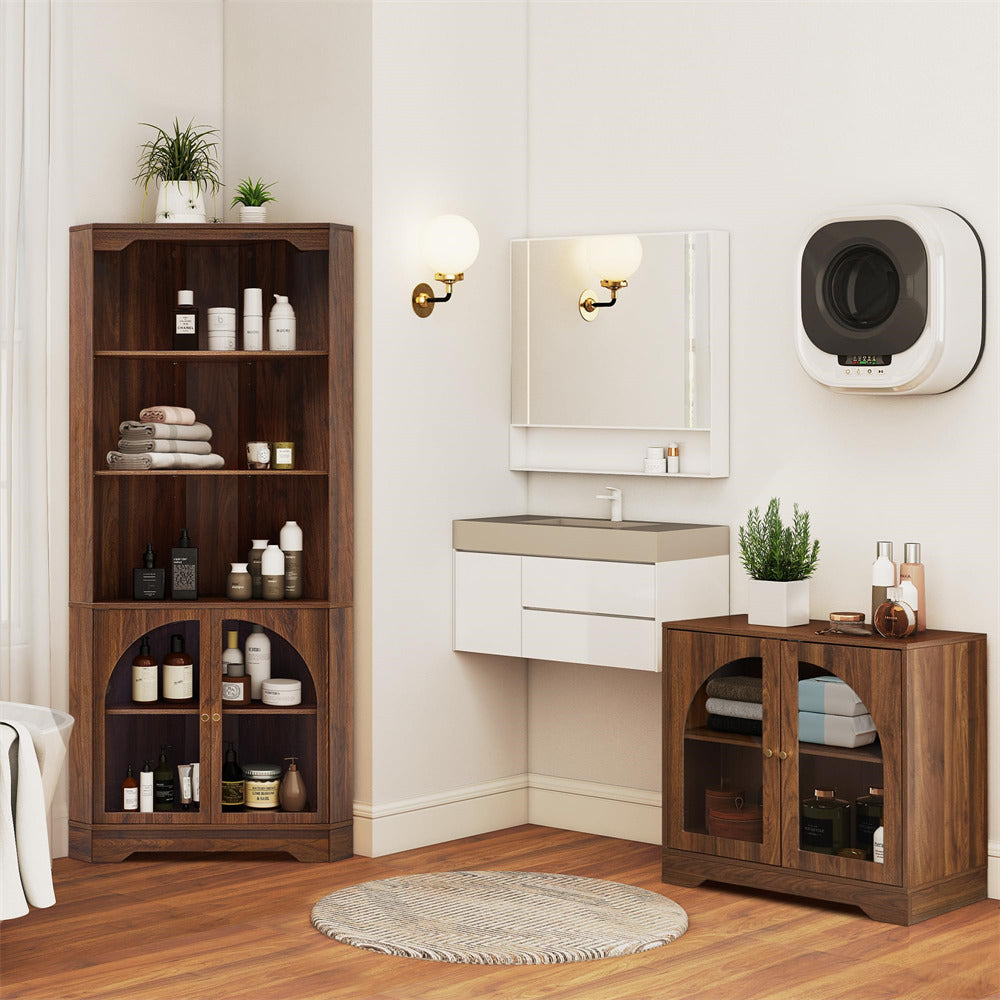 Bathroom interior with wooden shelves, sink, and air conditioner.