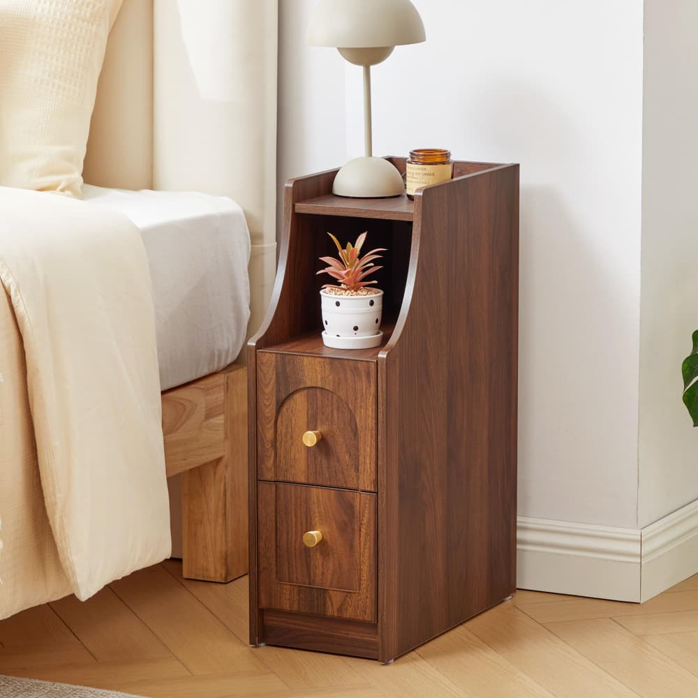 Walnut Mid-Century Modern Narrow Nightstand End Table with Charging Station and Open Shelf