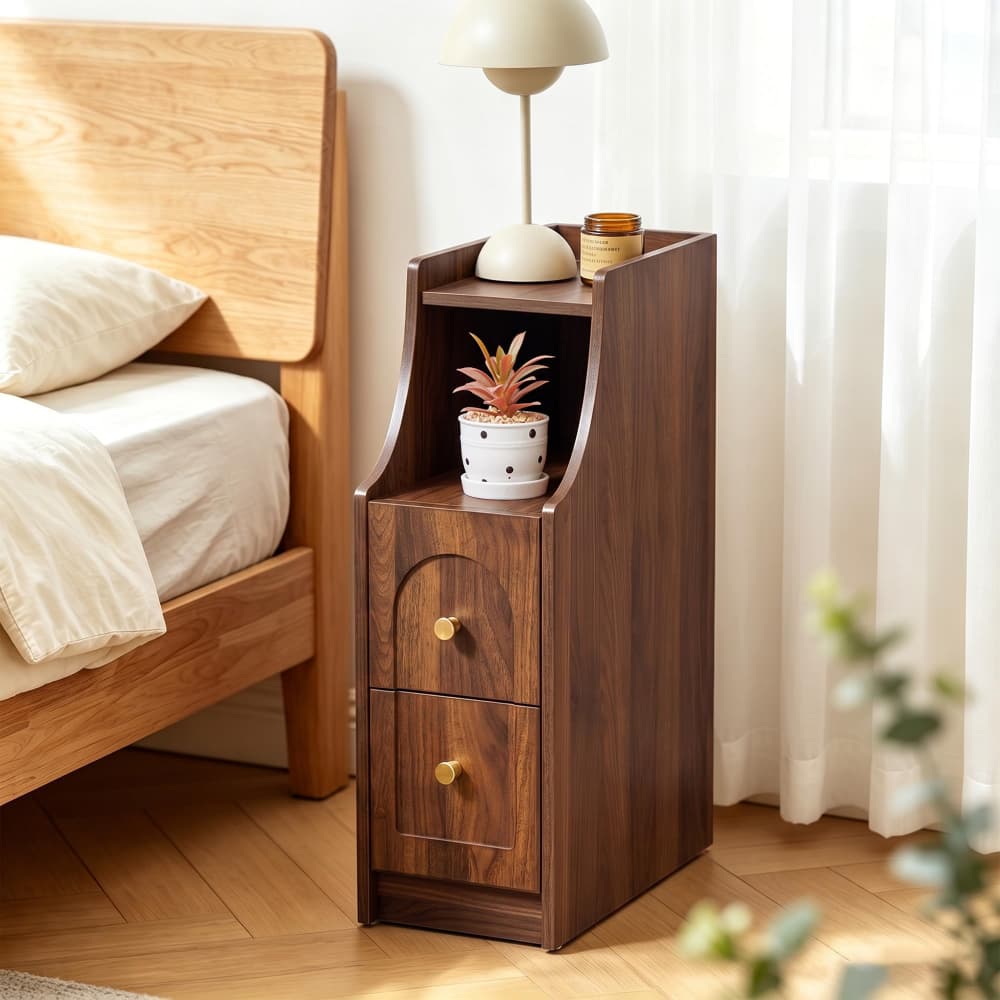 Walnut Mid-Century Modern Narrow Nightstand End Table with Charging Station and Open Shelf