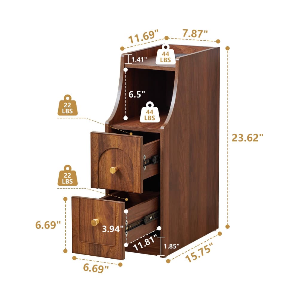 A wooden cabinet or organizer with three drawers, shown with overlaid dimension lines and weight labels on a plain white background.