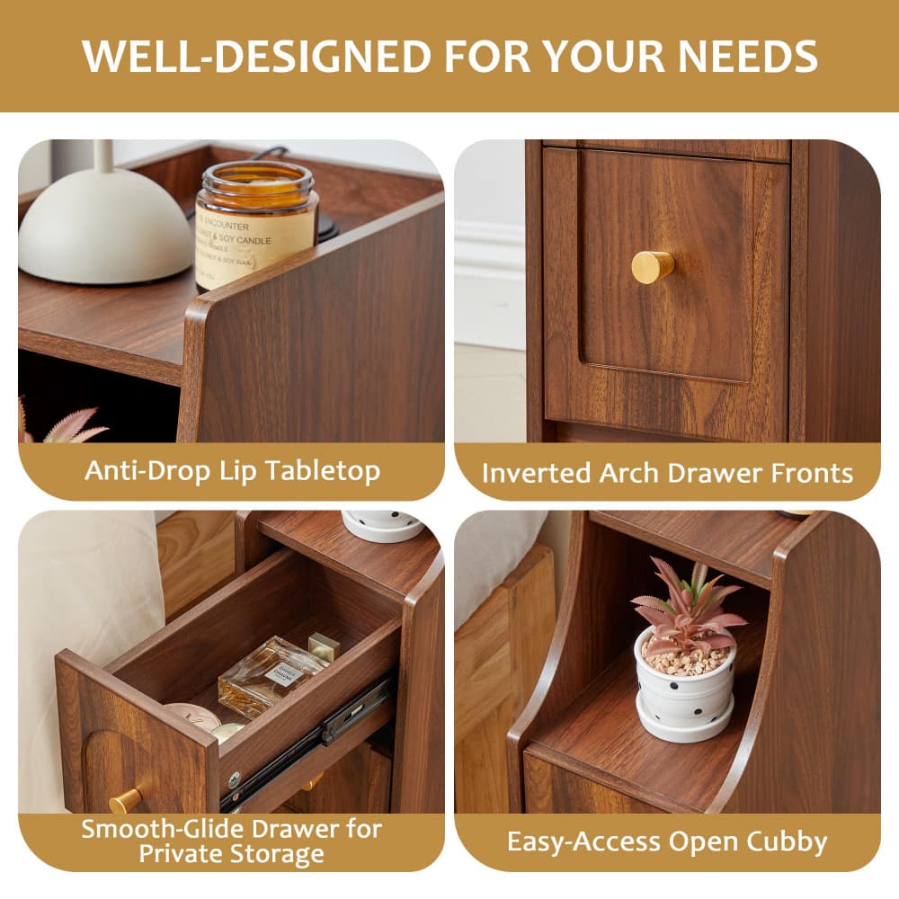 Walnut Mid-Century Modern Narrow Nightstand End Table with Charging Station and Open Shelf