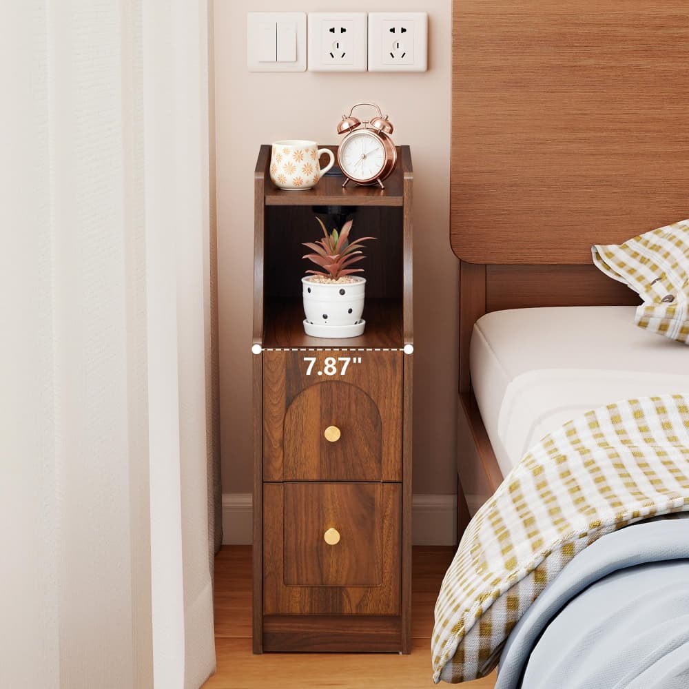 Walnut Mid-Century Modern Narrow Nightstand End Table with Charging Station and Open Shelf
