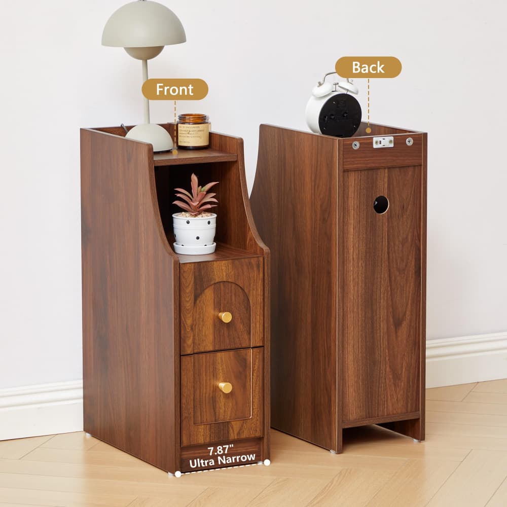 Walnut Mid-Century Modern Narrow Nightstand End Table with Charging Station and Open Shelf