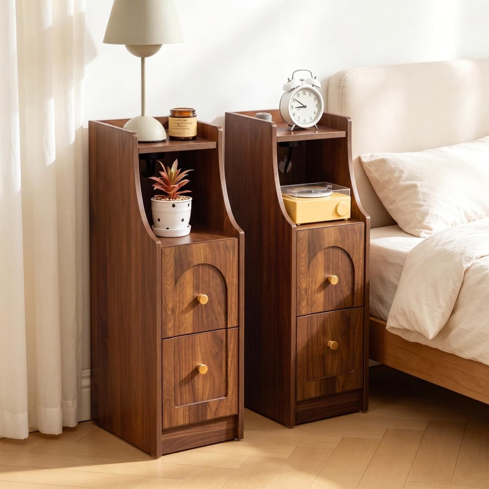 Walnut Mid-Century Modern Narrow Nightstand Set of 2 End Table with Charging Station and Open Shelf