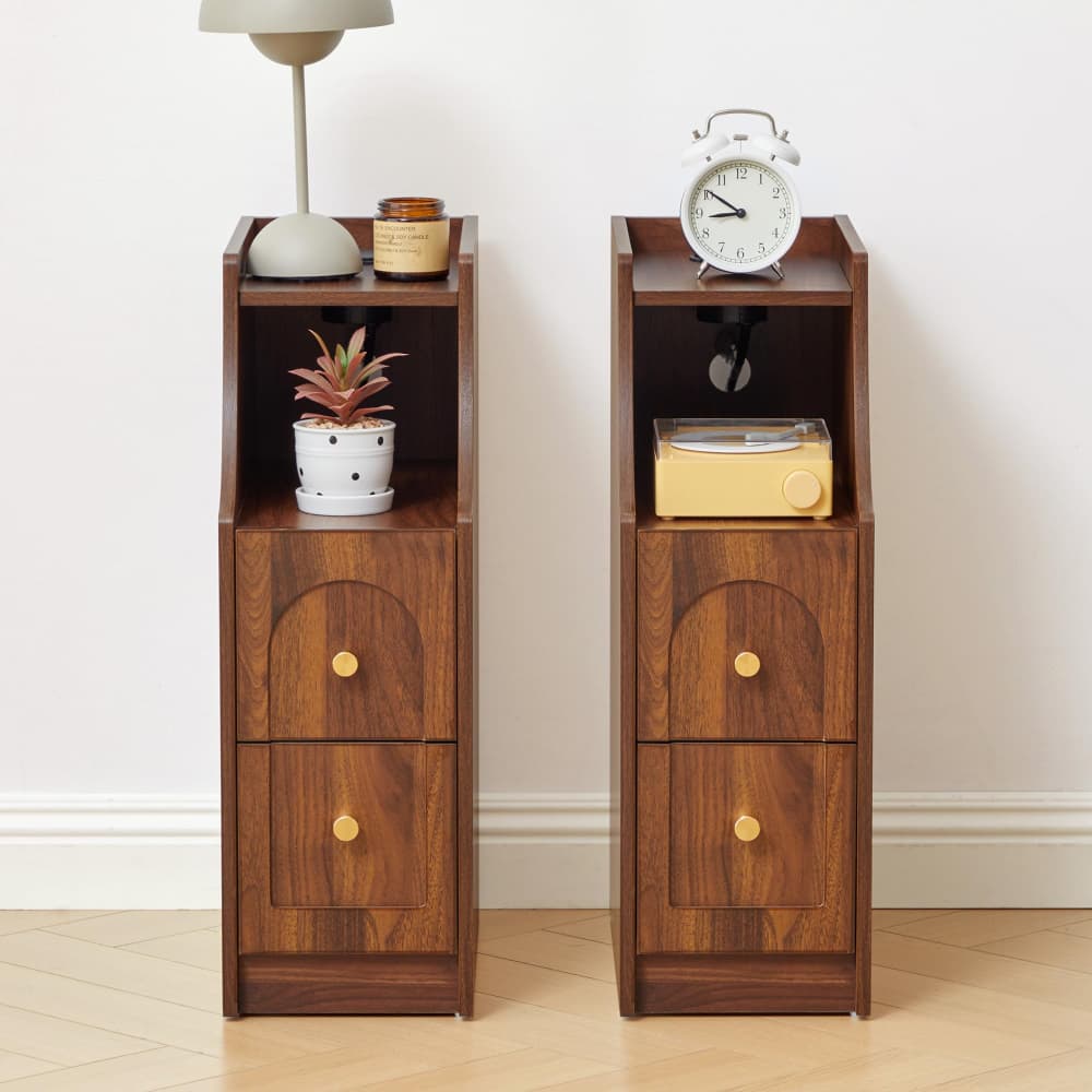 Walnut Mid-Century Modern Narrow Nightstand Set of 2 End Table with Charging Station and Open Shelf