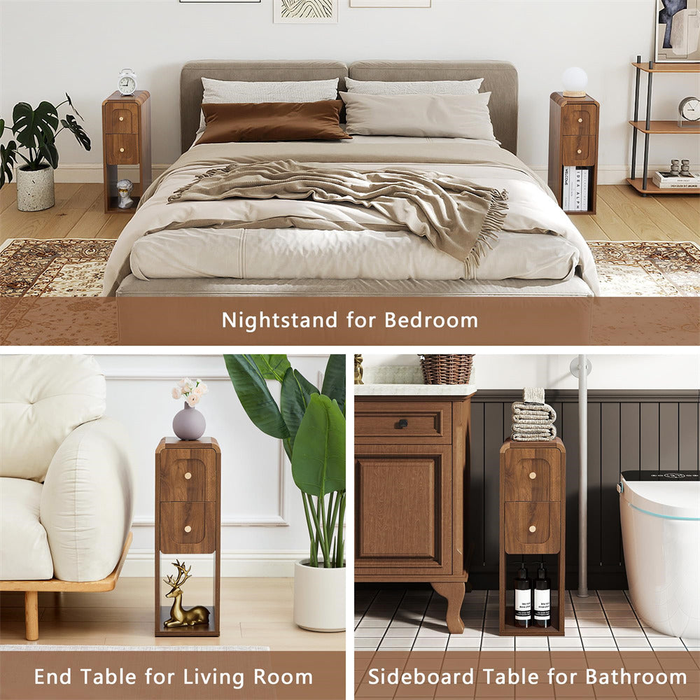 Collage of bedroom furniture including a bed, nightstand, end table, and sideboard table.