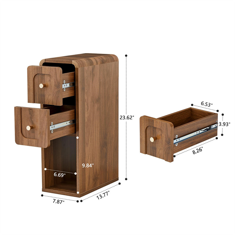 Wooden desk organizer with drawers and measurements on a white background
