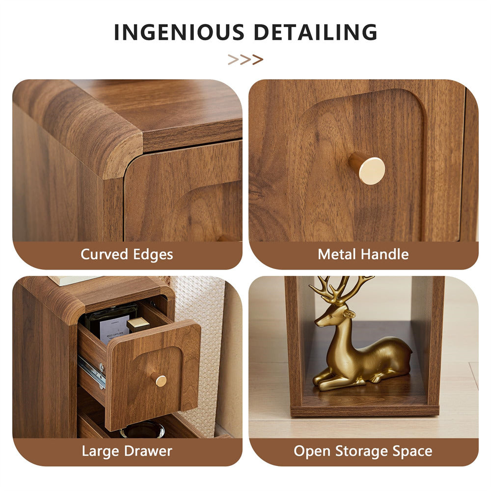Wooden furniture with curved edges, metal handle, large drawer, and open storage space.