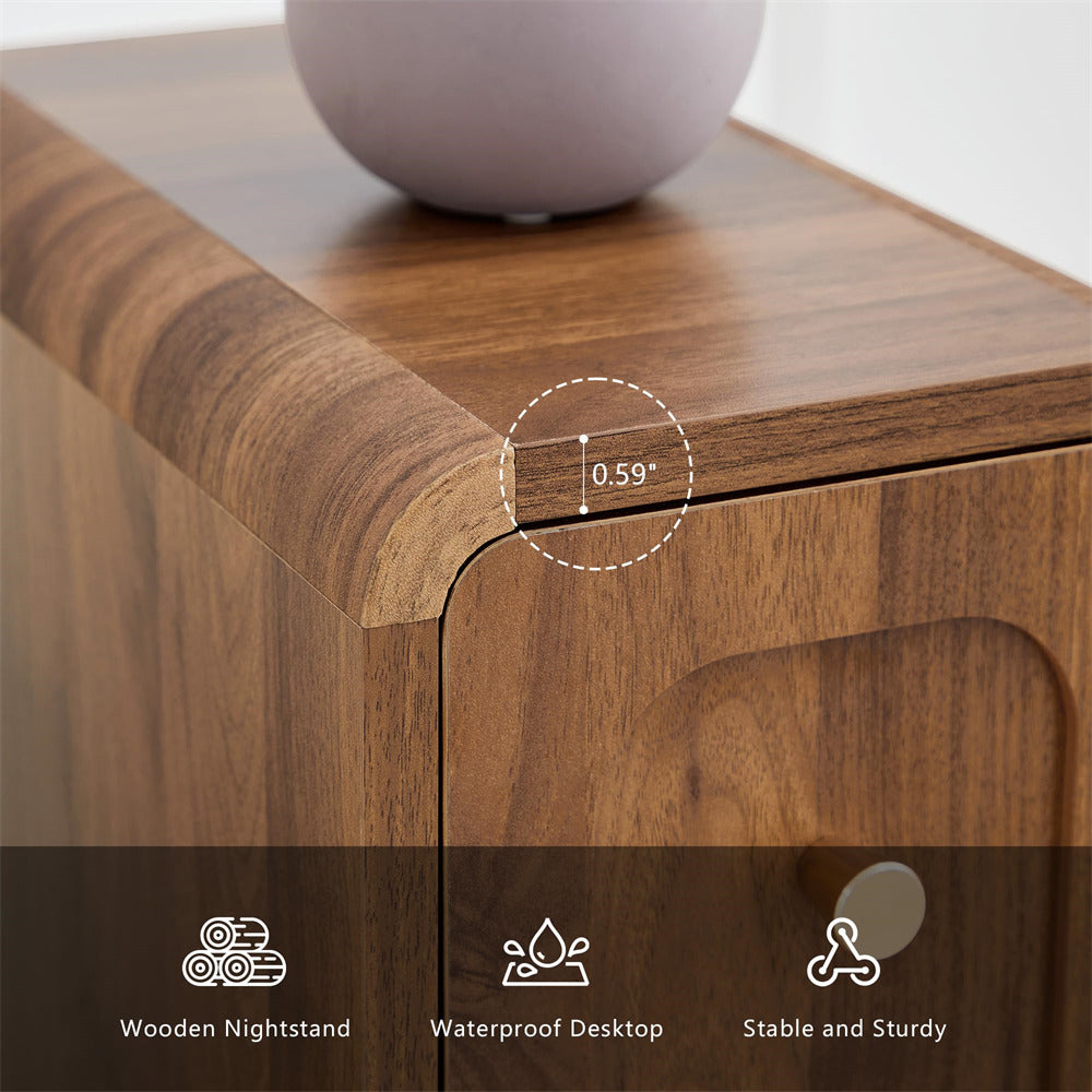 Wooden nightstand with a close-up of its corner, showing dimensions and features.