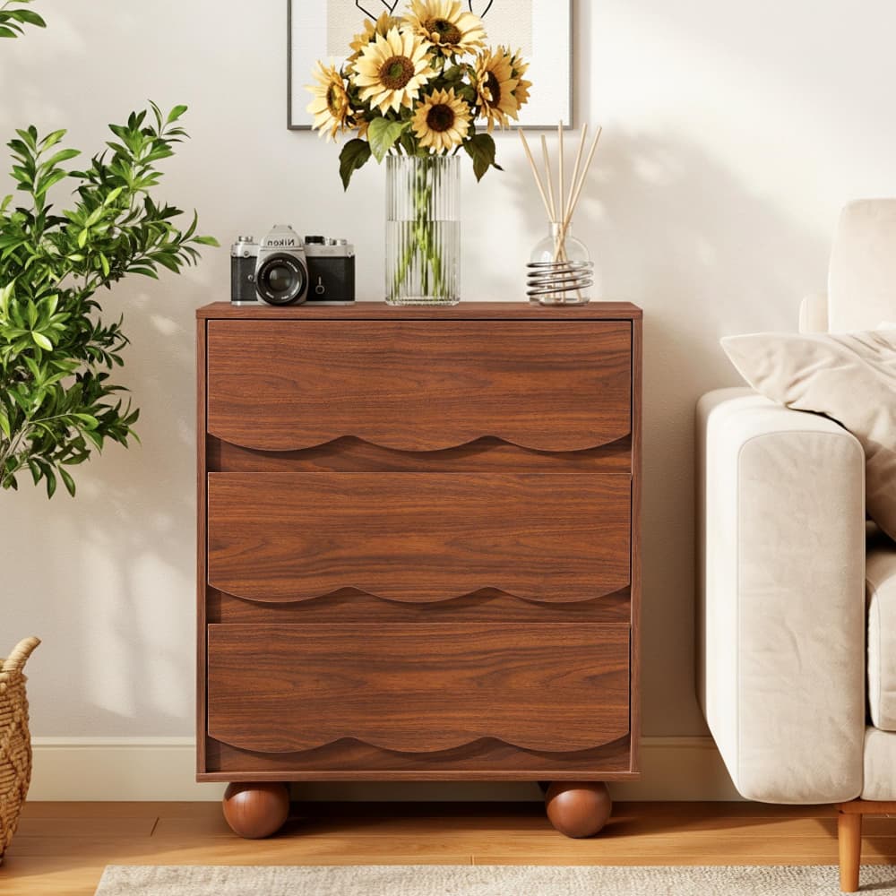 Walnut Mid-Century Modern Scalloped 3 Drawer Nightstand Side Table with Ball Feet