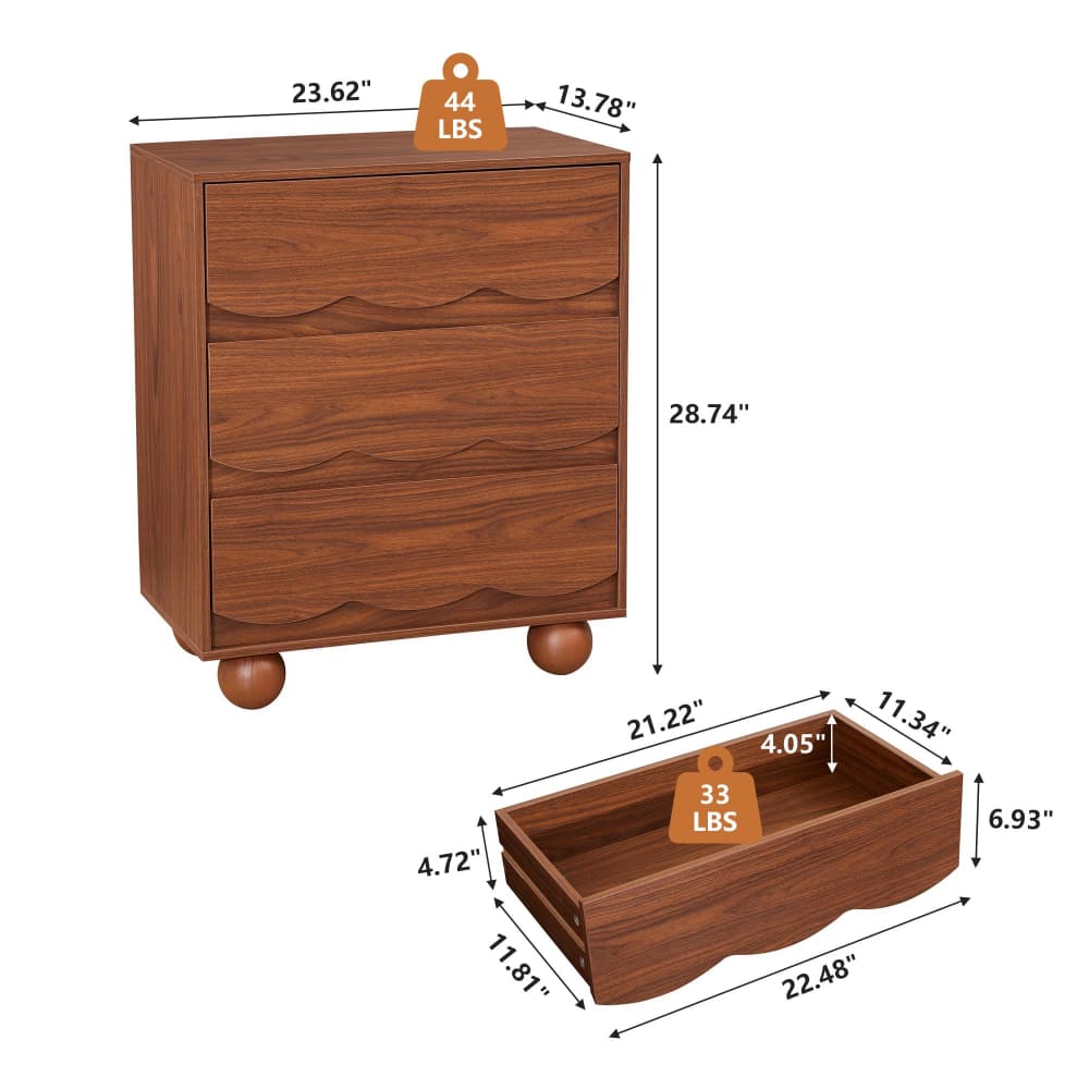 A brown wooden three-drawer nightstand shown with overlaid dimensions and weight labels. The top view shows 23.