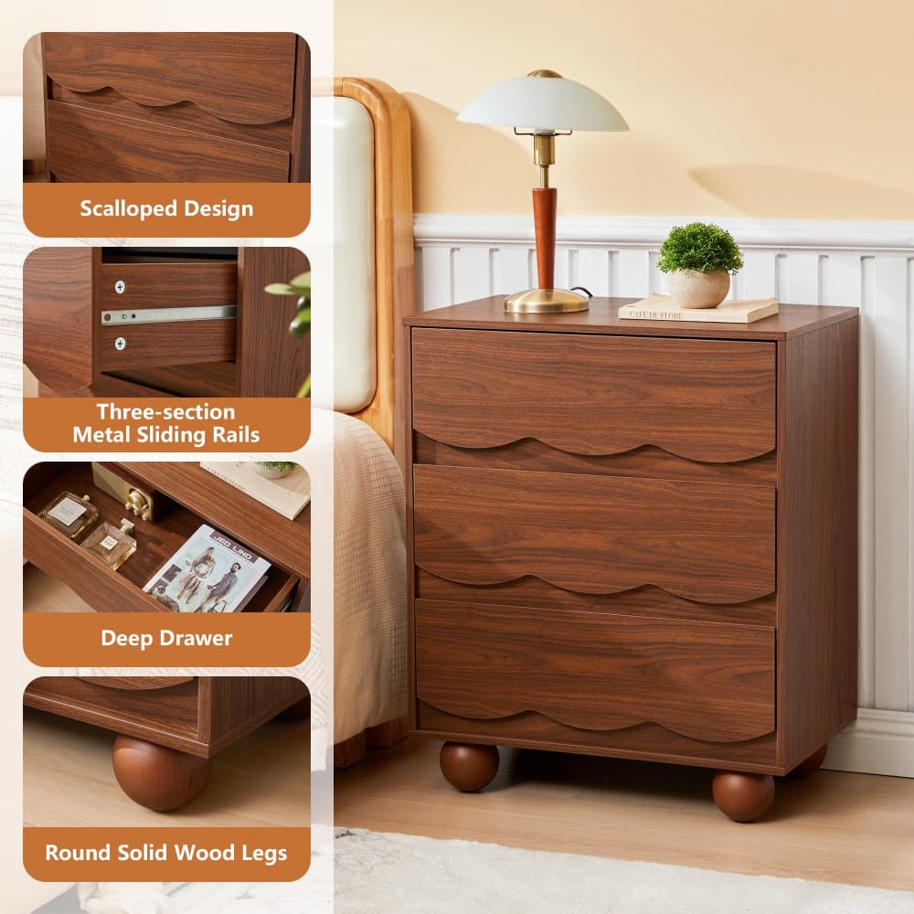 Walnut Mid-Century Modern Scalloped 3 Drawer Nightstand Side Table with Ball Feet