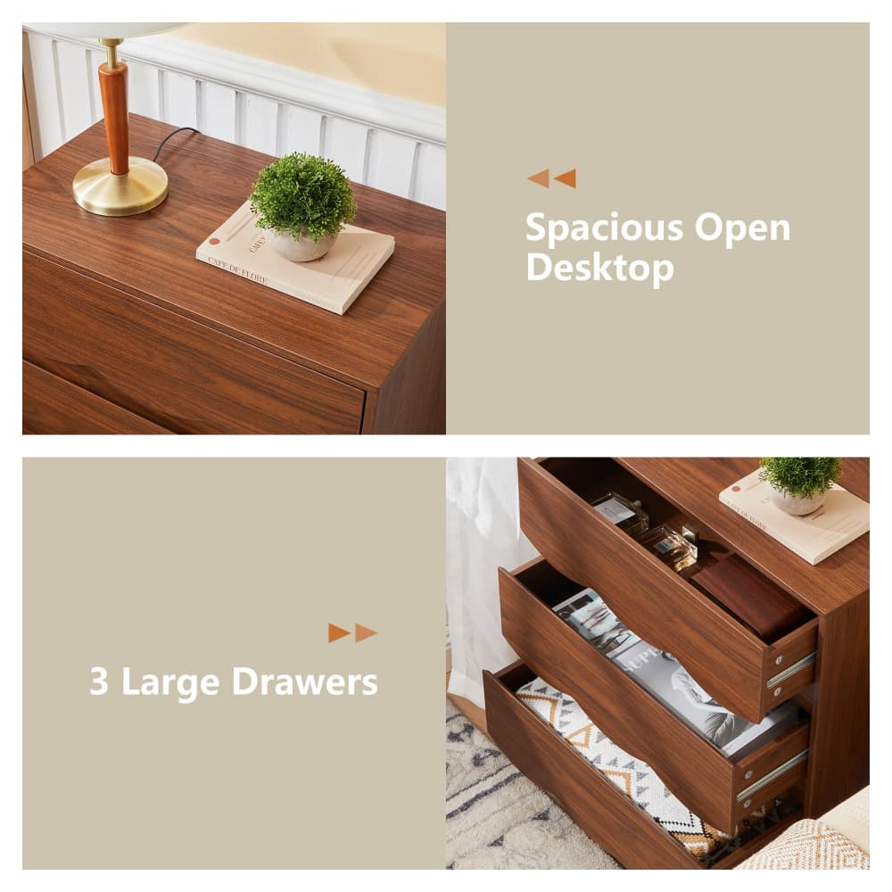 Walnut Mid-Century Modern Scalloped 3 Drawer Nightstand Side Table with Ball Feet
