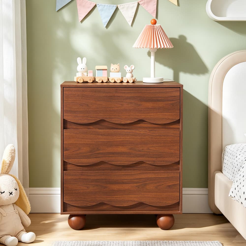 Walnut Mid-Century Modern Scalloped 3 Drawer Nightstand Side Table with Ball Feet