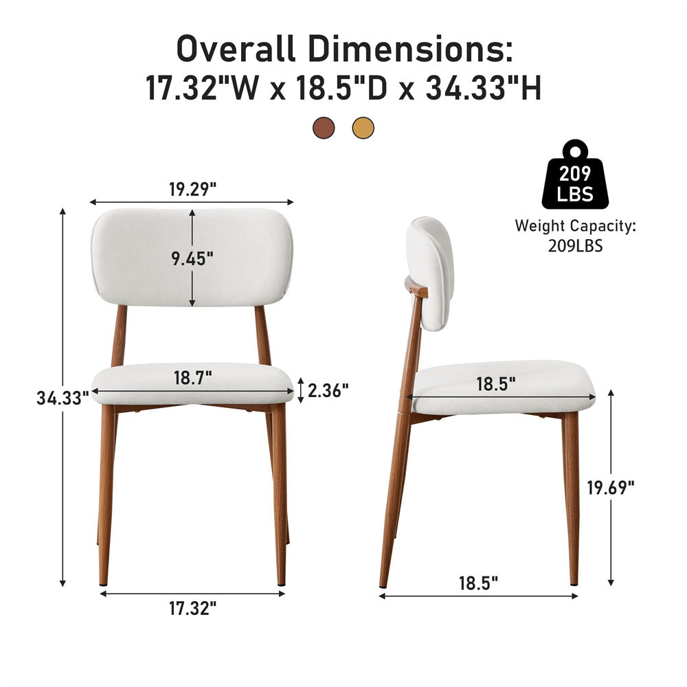 Overall dimensions diagram of a dining chair showing front and side views with measurements, on a white background. The chair has a white upholstered seat and back with a curved wooden frame and tapered legs.