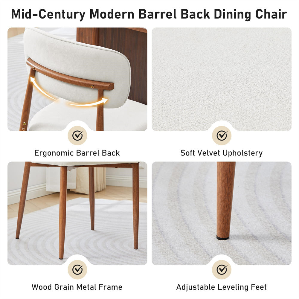 A 2x2 feature collage for a mid-century modern barrel back dining chair. The top-left panel shows the ergonomic curved backrest with a wood frame; the top-right panel shows a close-up of the light beige textured velvet upholstery; the bottom-left panel shows the full chair on a light patterned rug; the bottom-right panel shows a close-up of the wood grain metal leg.