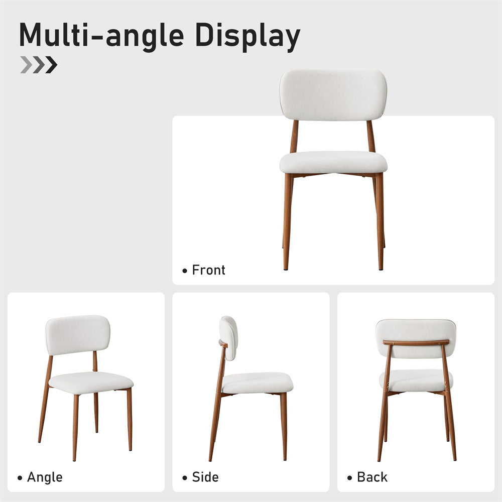 A multi-angle product display of a dining chair showing front, side, and back views. The chair features a white upholstered seat and curved backrest with a natural brown wooden frame and legs, set against a clean light gray background with text labels.
