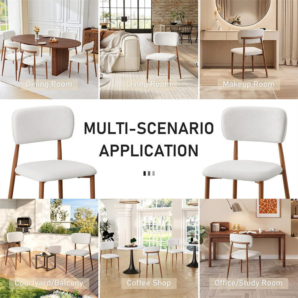 A collage showing the same upholstered dining/accent chair in multiple real-world room settings, with a large central text panel reading “MULTI-SCENARIO APPLICATION.” The chair has a white or off-white upholstered seat and back, light wood legs, and a slightly darker wood-look backrest.