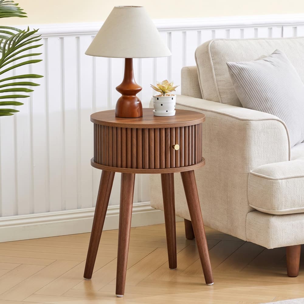 Walnut Mid-Century Modern Wooden Fluted Small Round End Table Nightstand with Drawer