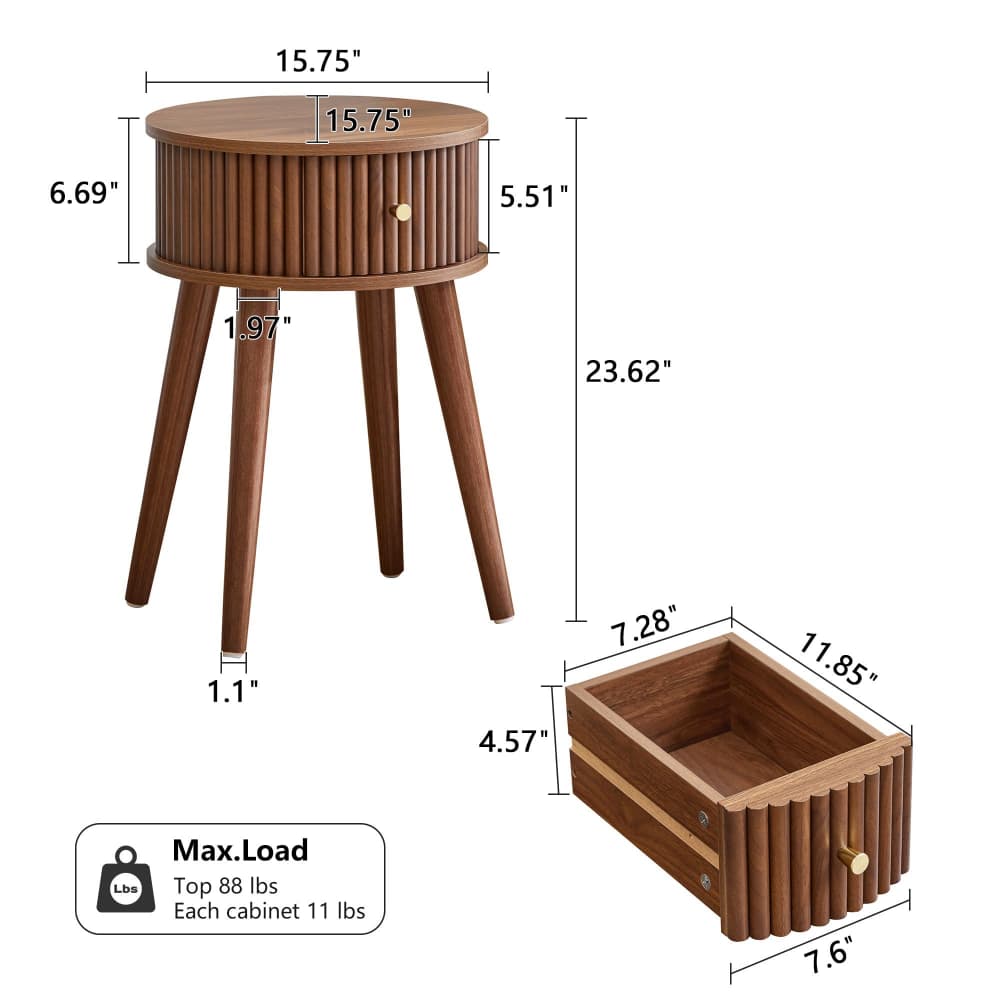 A wooden side table and matching storage cabinet shown with dimension labels and a max-load note on a white background. The table has a round top, slatted front, three legs, and a height of 23.
