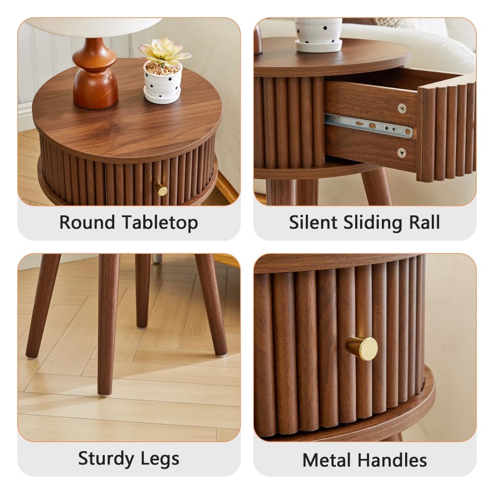 Four-panel product feature collage for a round wooden side table. The table has a warm medium-brown wood finish, fluted vertical drawer fronts, metal drawer pulls, and tapered legs.