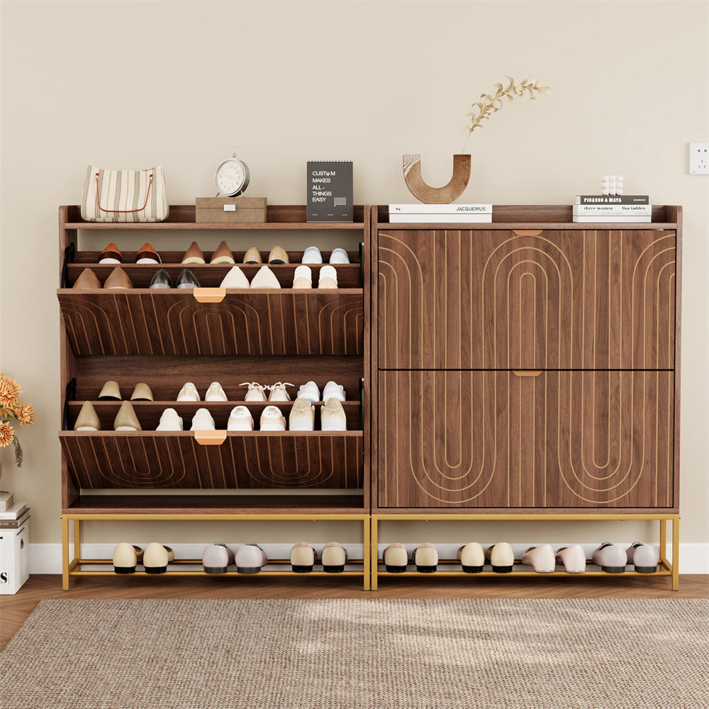 Wooden shoe rack with multiple shelves and a cabinet against a beige wall.