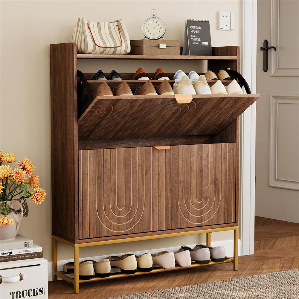 Wooden shoe cabinet with open door displaying shoes, a clock, and a bag on top, with another shelf below.
