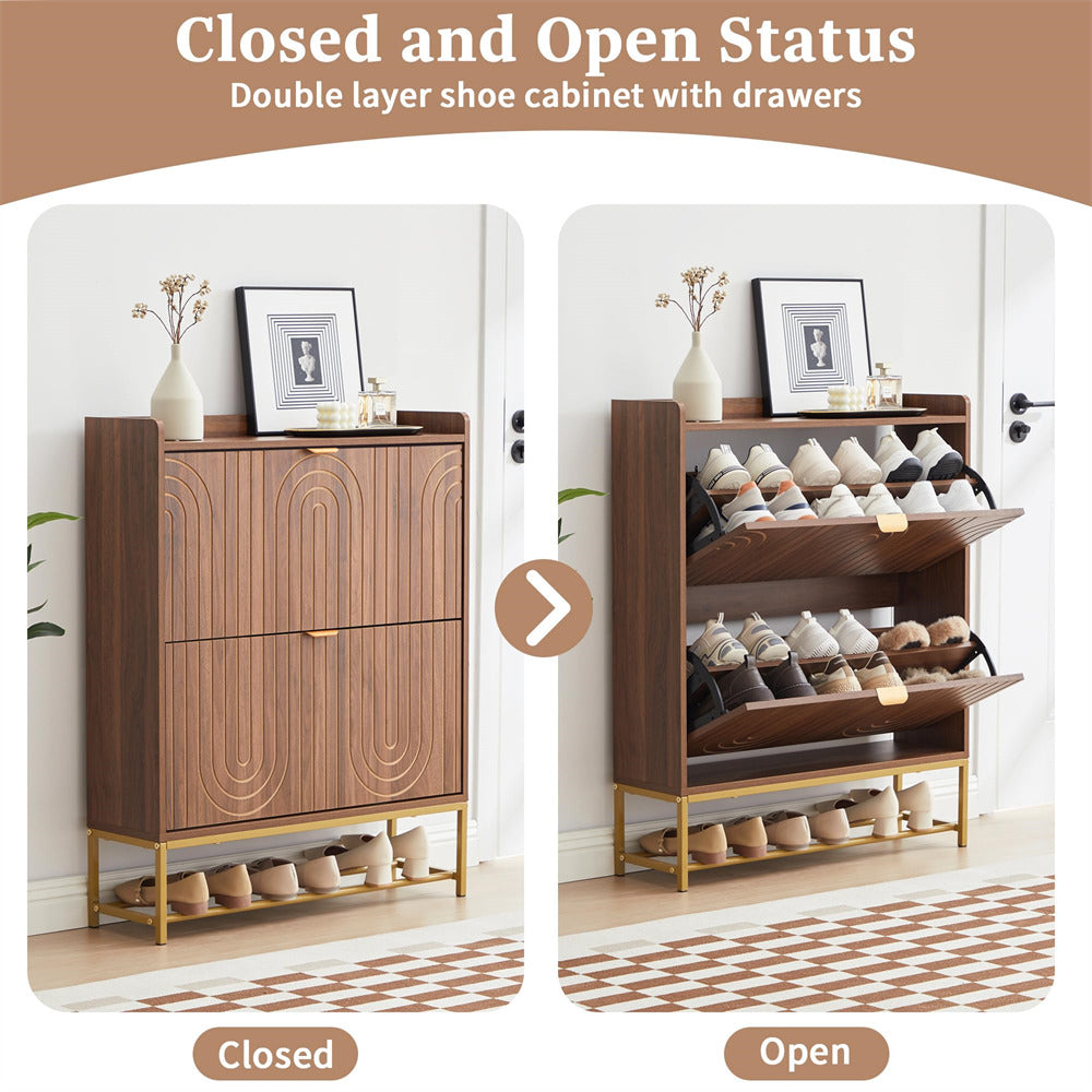 Wooden shoe cabinet with double-layer design, showing both closed and open states.