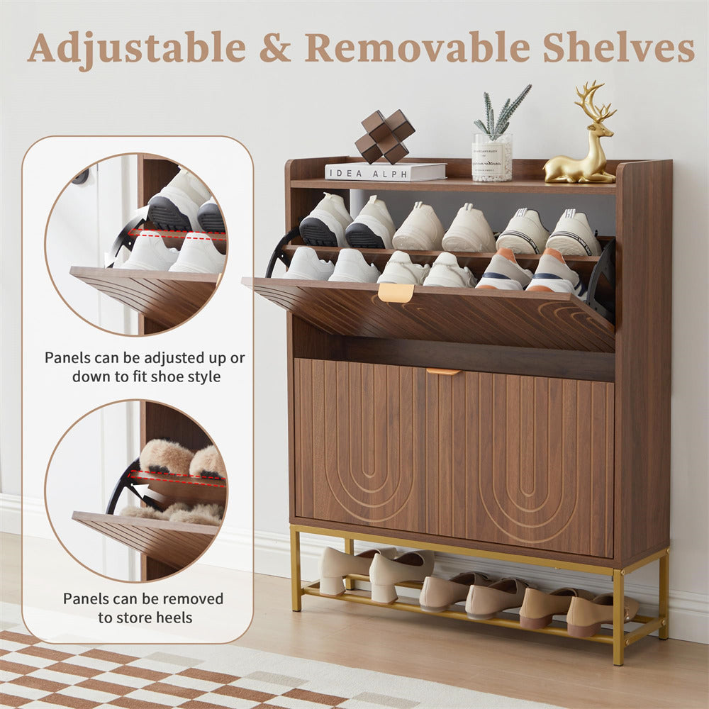 Wooden shoe cabinet with adjustable shelves and shoes on a checkered floor.