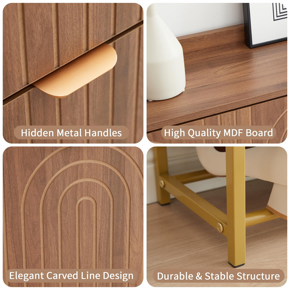 Collage of a wooden nightstand with features highlighted.