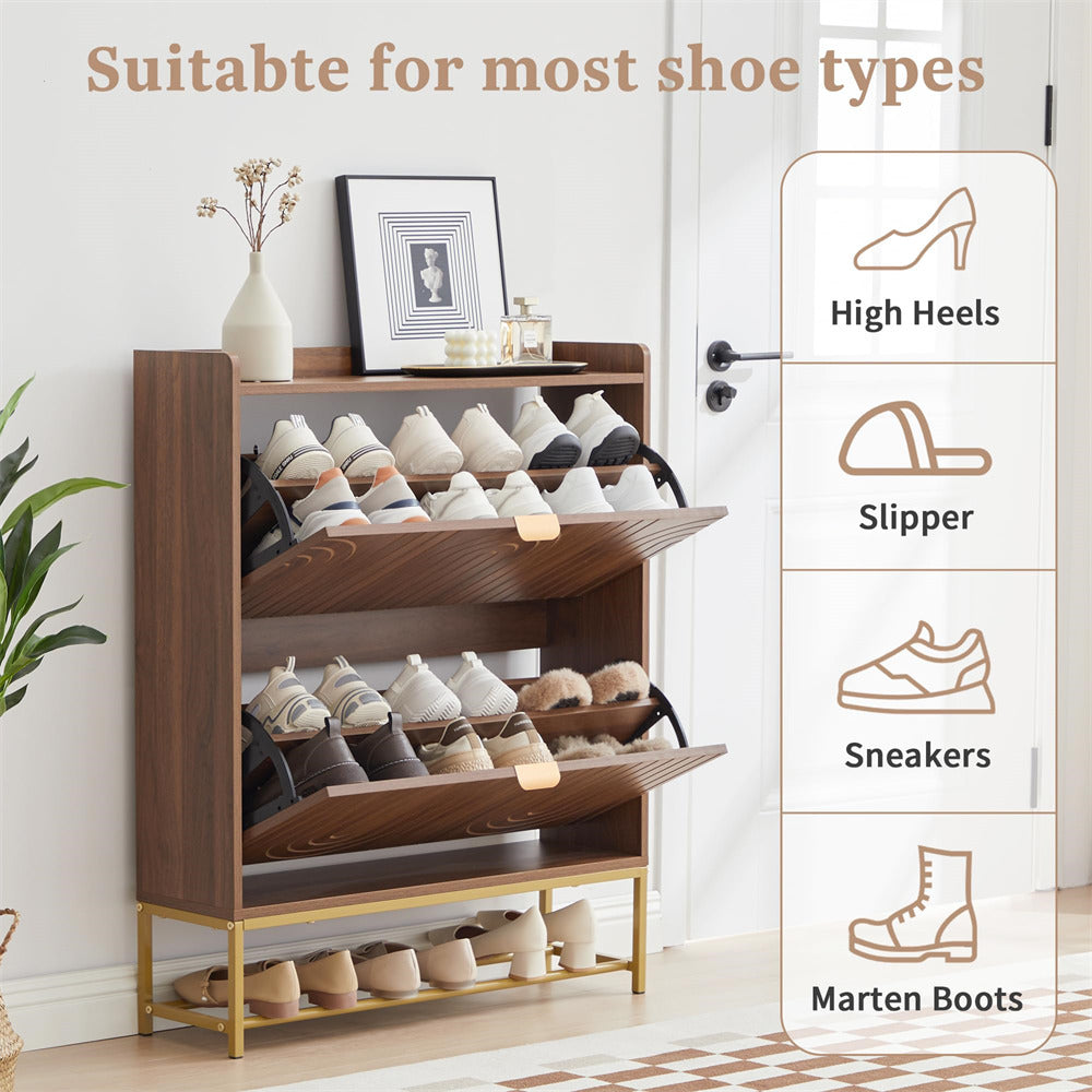 Wooden shoe rack with various shoes on shelves, suitable for high heels, slippers, sneakers, and marten boots.
