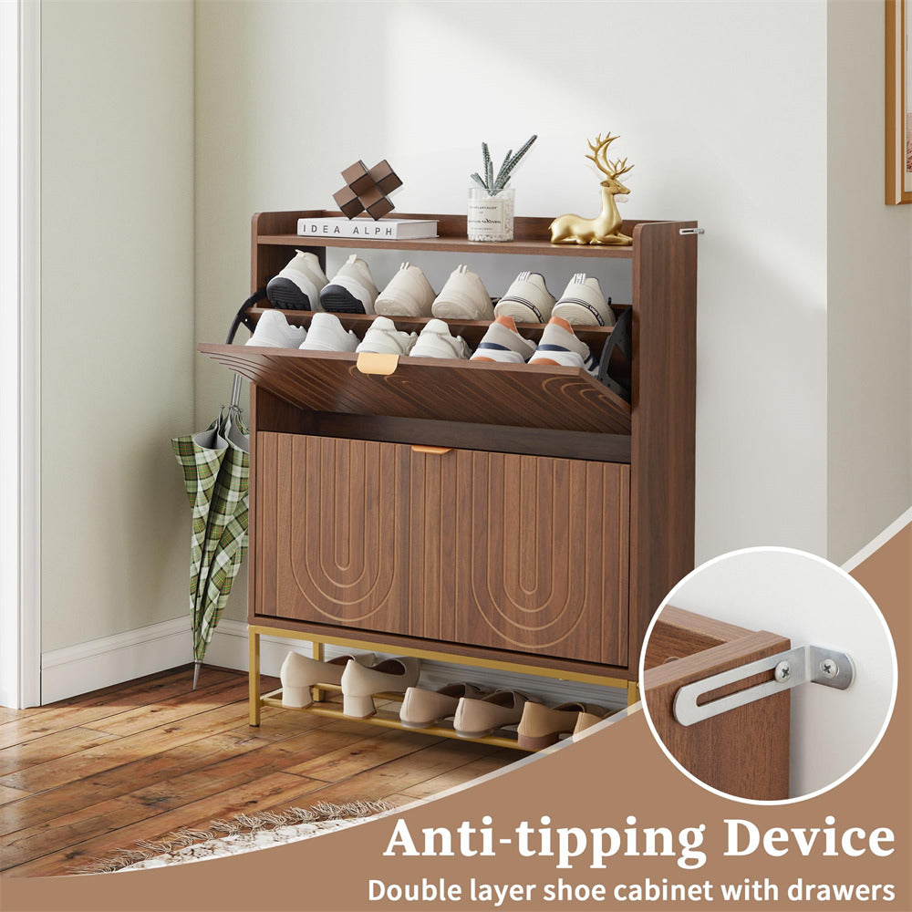 Wooden shoe cabinet with anti-tipping device and shelves on a wooden floor.