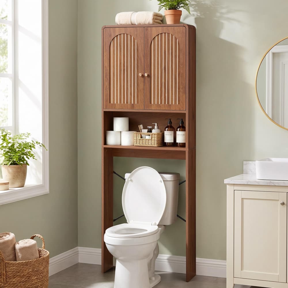 Walnut Mid Century Bathroom Cabinet Over Toilet with Fluted Door and Adjustable Shelves