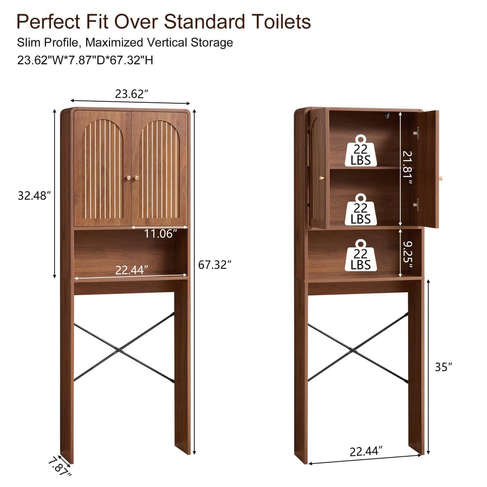 A brown wooden bathroom storage cabinet shown from two angles with dimension labels and weight markings, on a white background with text reading 'Perfect Fit Over Standard Toilets' and measurements.