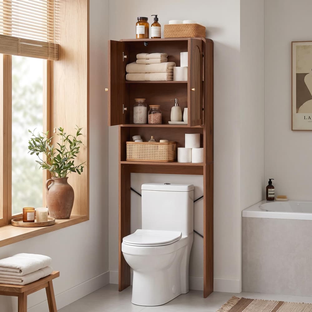 Walnut Mid Century Bathroom Cabinet Over Toilet with Fluted Door and Adjustable Shelves