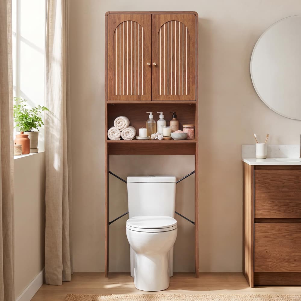 Walnut Mid Century Bathroom Cabinet Over Toilet with Fluted Door and Adjustable Shelves